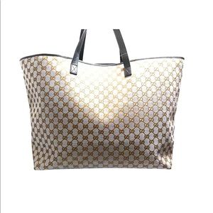 Auth GUCCI Dark Brown Gray Jacquard & Leather Tote